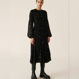 Ganni Shirred Georgette Dress in Floral-Print Viscose, P2P 17", NWOT